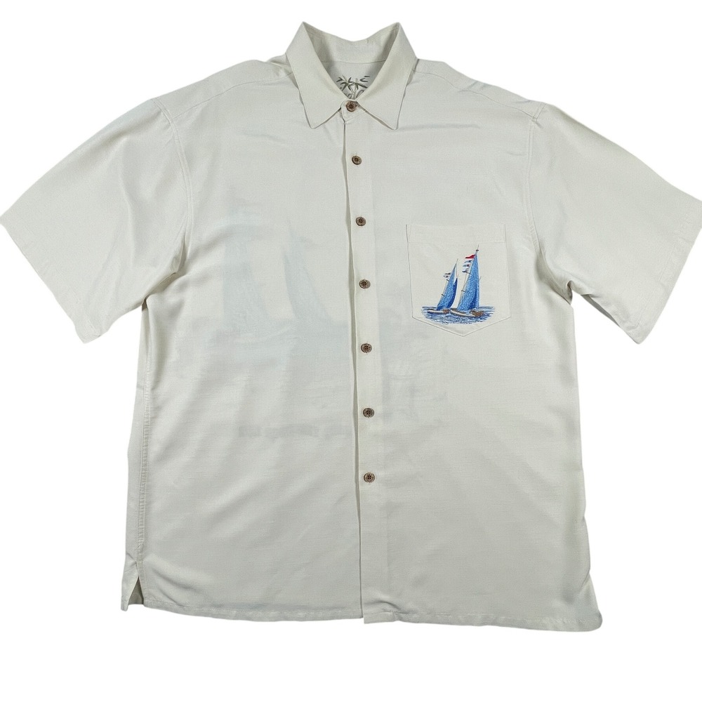 Bamboo Cay Shirt Mens XL Cream Sailing The Good Life Embroidered Camp Tropical